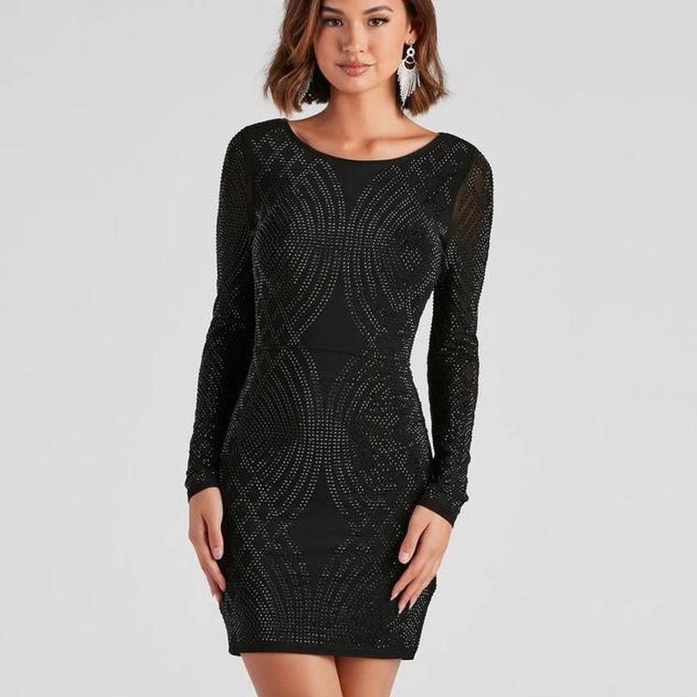 NWT Windsor Black Rhinestone Bodycon Party Club Elegant Long Sleeve Dress